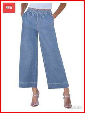 Wide Leg High Waisted Cropped Pull On Jeans with Pockets Stretchy Denim